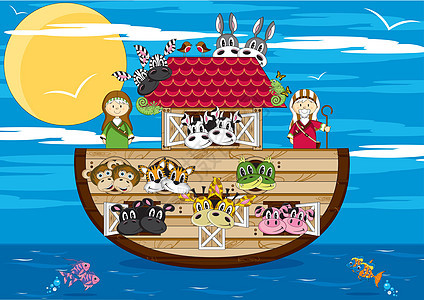 卡通诺亚方舟和动物斑马奶牛宗教鳄鱼历史圣经卡通片彩虹狮子图片