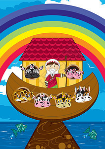 卡通诺亚方舟和动物奶牛狮子斑马宗教卡通片彩虹历史圣经图片