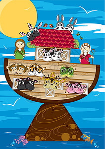 卡通诺亚方舟和动物宗教圣经鳄鱼卡通片斑马历史奶牛狮子彩虹图片