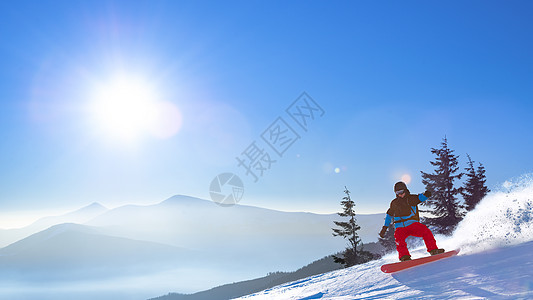 滑雪者骑着红雪雪板 在太阳天气清晨山的斜坡上 滑雪和冬季运动云杉背包天空旅行头盔娱乐假期行动全景单板图片