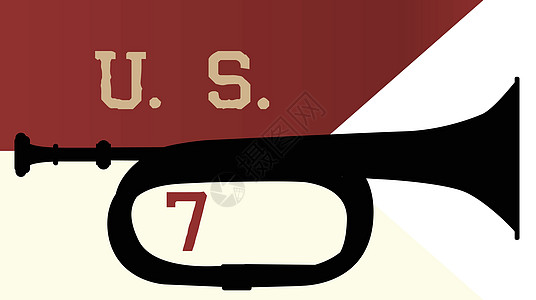 美军第七骑兵总司令和号角军旗艺术品黄铜绘画艺术旗帜音乐乐器插图插画