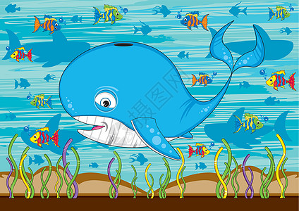 卡通蓝鲸场景鲸鱼鲨鱼海洋热带鱼动物插图海上生活珊瑚背景图片