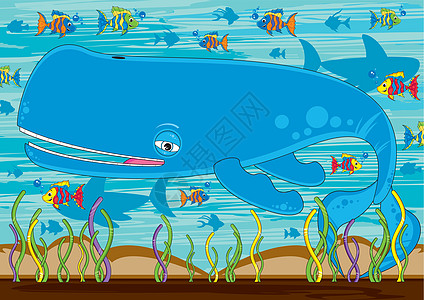 卡通蓝鲸场景海洋插图动物鲸鱼鲨鱼热带鱼珊瑚海上生活背景图片