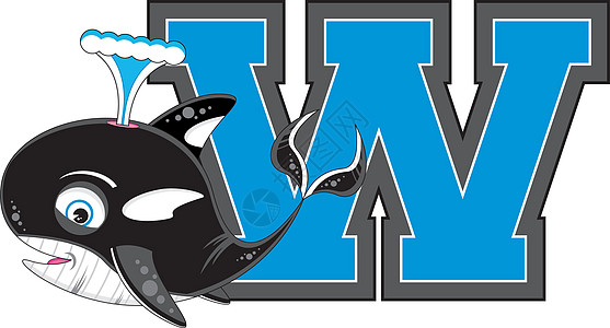 W 代表鲸鱼学习英语教育动物海上生活意义字母卡通背景图片