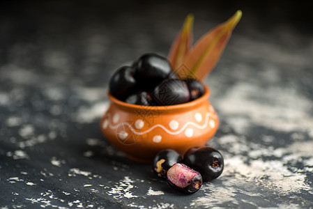 Jambolan 梅花或果酱或果子 爪哇梅和石质本底叶叶食物浆果李子紫色水果药物纹理热带叶子种子图片
