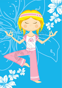 瑜伽女孩和花沉思卡通片头发练习运动头巾背景图片