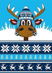 卡通羊毛帽 Reindee鹿角插图雪花驯鹿背景图片
