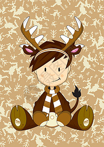 穿着圣诞驯鹿服装的可爱男孩戏服鹿角插图打扮卡通孩子们男生围巾奇装异服图片