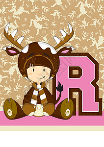 R代表驯鹿女孩插图英语打扮奇装异服学习戏服鹿角字母乐趣动物图片