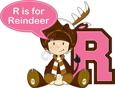 R代表驯鹿女孩英语语言羊毛帽乐趣卡通片插图奇装异服学习教育意义图片