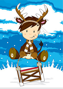 穿着驯鹿服装的可爱男孩雪橇孩子们围巾鹿角卡通打扮奇装异服戏服男生插图图片