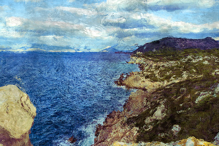 希腊梅拉格卡维海岸希腊山脉海景旅行海洋支撑海岸悬崖全景数字地平线图片