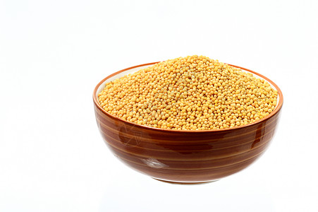 在白色背景上孤立的碗中黄色芥子种子香气芳香芸苔玻璃调味品植物黏土粮食食物橙子图片