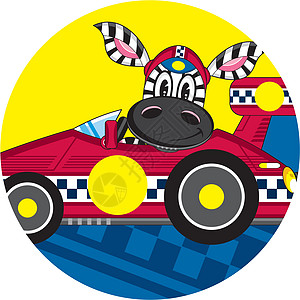可爱的卡通赛车 Zebr运动赛车手微笑斑马司机动物轮子跑车背景图片