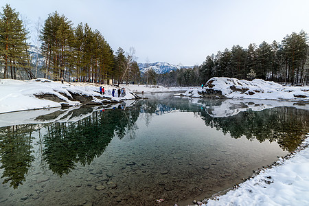 冬季山地湖和树木之间的山岭森林全景池塘季节反射蓝色天空日落天气木头背景图片