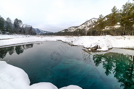 冬季山地湖和树木之间的山岭反射池塘全景森林天空季节蓝色日落天气木头背景图片