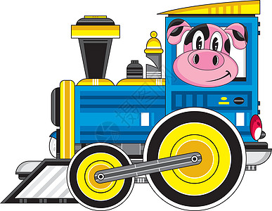 可爱的卡通猪和火车机车插图轮子动物农家院卡通片烟囱家畜蒸汽运输图片