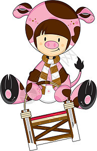 可爱的孩子穿着猪服装在雪橇上打扮家畜围巾卡通插图孩子们戏服奇装异服农家院动物背景图片