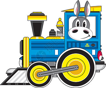卡通驴和蒸汽火车机车运输司机家畜烟囱动物车辆农家院插图轮子背景图片