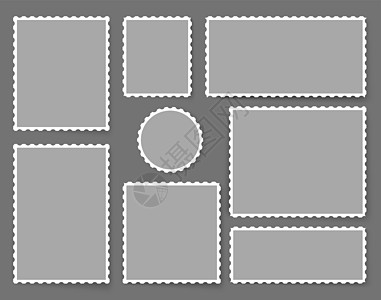 空白邮票集 卡片或邮件的旧邮政穿孔贴纸 复古风格的邮戳 不同尺寸的齿形边框邮寄贴纸模板图片