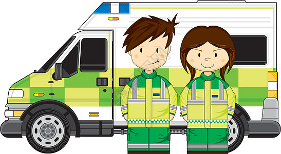 可爱的护理人员和救护车护理人员运输轮子插图背景图片