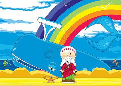 卡通约拿和鲸鱼彩虹圣经插图蓝鲸宗教海上生活乐趣背景图片