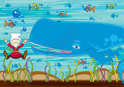 卡通约拿和鲸鱼热带鱼乐趣插图蓝鲸宗教海上生活圣经背景图片