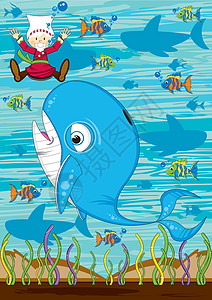 卡通约拿和鲸鱼蓝鲸热带鱼鲨鱼圣经插图海上生活宗教乐趣背景图片