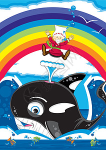 卡通约拿和鲸鱼海上生活圣经彩虹乐趣插图宗教图片