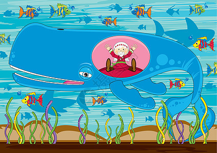 卡通约拿和鲸鱼乐趣宗教蓝鲸圣经鲨鱼插图海上生活背景图片