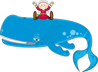 卡通约拿和鲸鱼乐趣海上生活圣经插图宗教蓝鲸背景图片