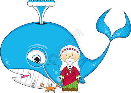 卡通约拿和鲸鱼乐趣海上生活圣经蓝鲸插图宗教背景图片