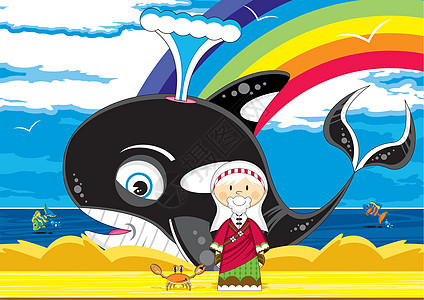 卡通约拿和鲸鱼海上生活乐趣圣经彩虹宗教热带鱼插图图片