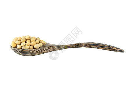 木勺子上的索伊比人 在白色背景和剪片上被隔离木头纤维黄豆植物豆子小吃豆类食物粮食生产图片