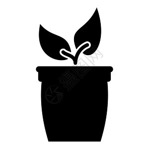 花盆或盆与植物图标黑色插图平面样式简单图像花瓶生活地面植物群草本植物生态幼苗发芽土壤园艺背景图片