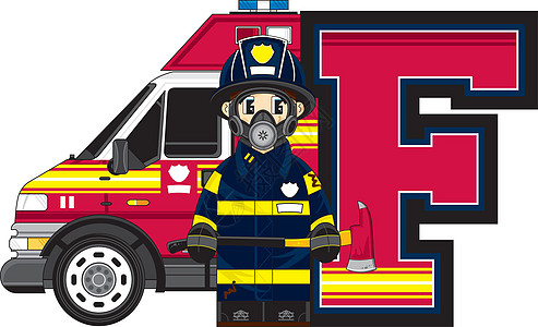 F代表Firema卡通运输英语字母学习服务消防车消防员教育图片