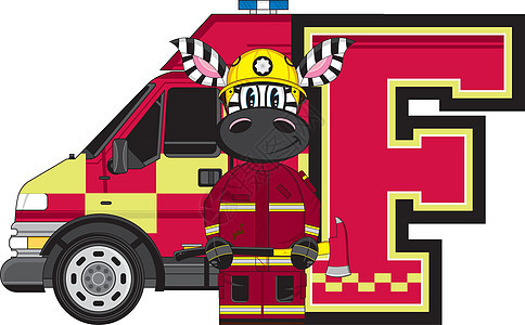 F代表消防员Zebr服务动物斧头消防车卡通斑马教育消防队员意义学习背景图片