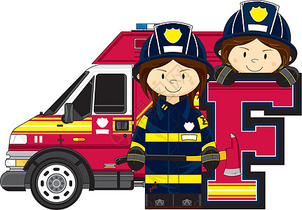 f奋斗F代表Firema英语服务字母消防车运输消防员教育卡通学习插画