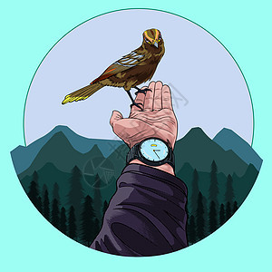 鸟儿栖息在人类手中的天然森林插画矢量波普艺术漫画风格自然多彩背景图片