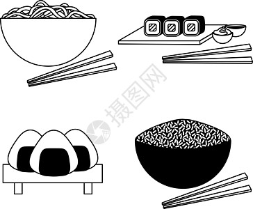 简单素描风格的四种日本菜肴拉面寿司和 ric图片