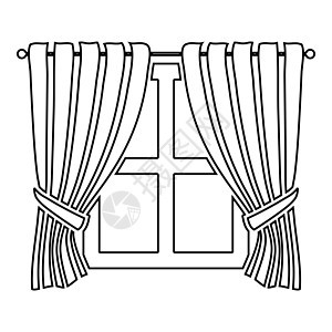 窗帘和窗户室内概念家庭窗口视图装饰窗口图标轮廓黑色矢量插图平面样式图像上的波浪窗帘图片