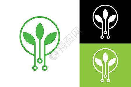 绿色技术标志设计概念叶技术标志设计树叶电气互联网环境网络生物服务插图标识高科技图片