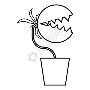 食虫植物 Flytrap 怪物与牙齿在盆图标轮廓黑色矢量插图平面样式 imag图片