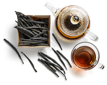 白色背景上的茶叶 Kkuding 从顶部的视图产品杯子香气花瓣茶壶芳香叶子饮料植物早餐图片