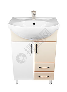 装有水槽的柜子卫生间浴室金属龙头内阁褐色脸盆白色陶瓷卫生图片