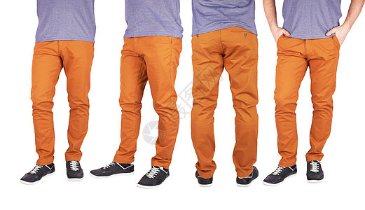 穿长裤的男子牛仔裤男性男人橙子棉布卡其色棕色裤子裙子口袋图片