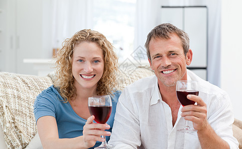 一对在客厅喝红酒的情侣酒精玻璃沙发房间酒杯夫妻女性长椅相机微笑图片