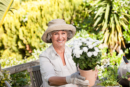 花园里有花的老太太房东爱好快乐祖母退休家庭老年花卉热情园艺图片