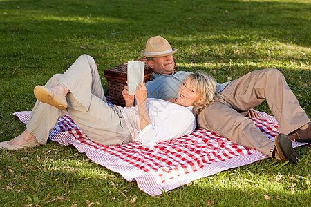 女人在她丈夫睡在公园时看书女性头发祖父投标金发幸福男性祖母家庭老化图片