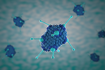 蓝色背景上显微镜 Adoeno 病毒的 3d 插图特写生物细胞艺术生物学细菌荒野疾病渲染药品宏观图片